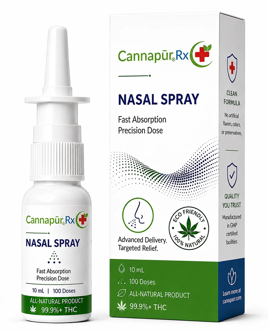 Cannapūr Rx cannabinoid nasal spray bottle beside its retail carton