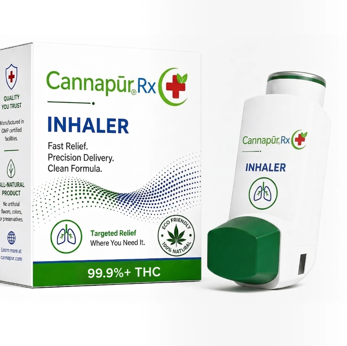 Cannapūr Rx cannabinoid inhaler beside its retail carton